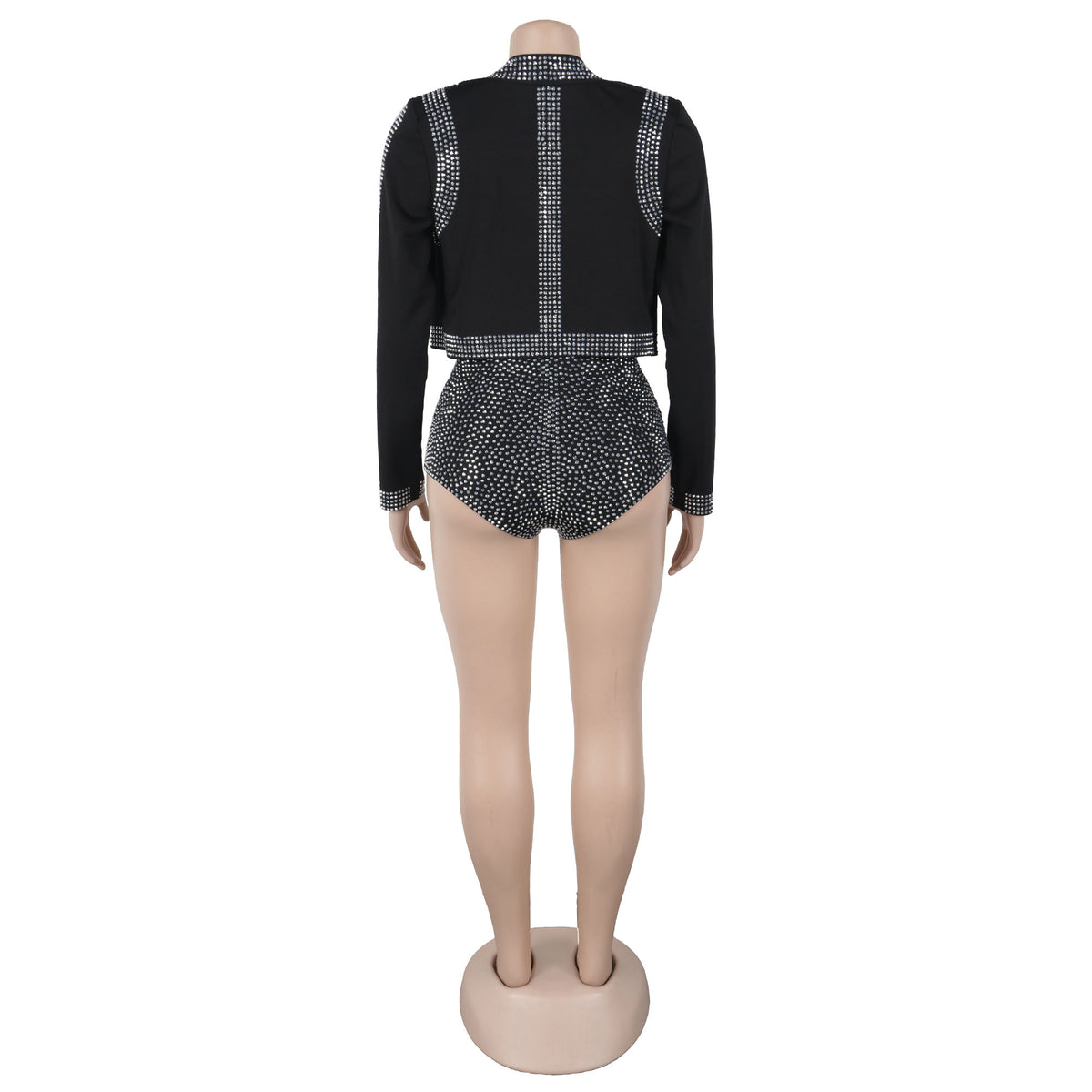 Rhinestone Cropped Jacket, Bra Top & Shorts 3-Piece Set – Black - C Beauty Accessories