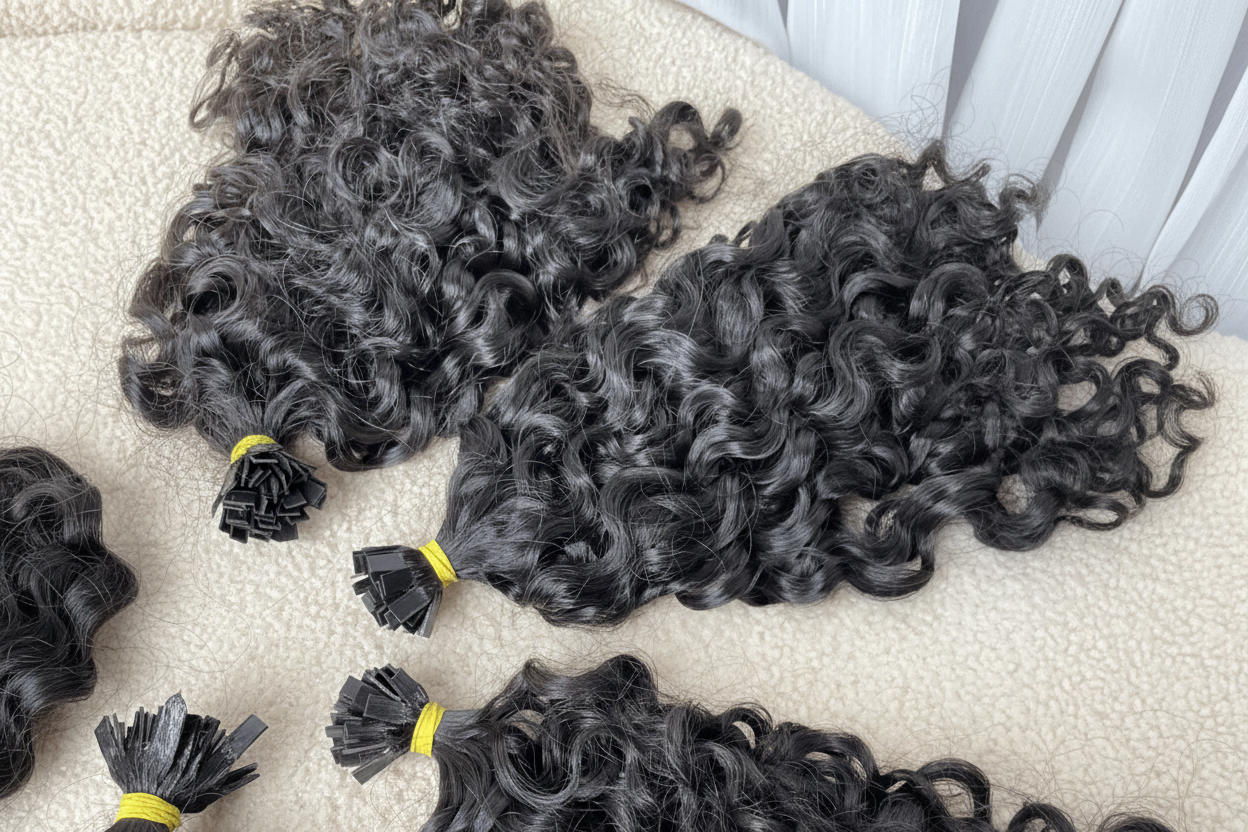 Natural black pixie curly flat tip keratin extensions Vietnamese hair C Beauty