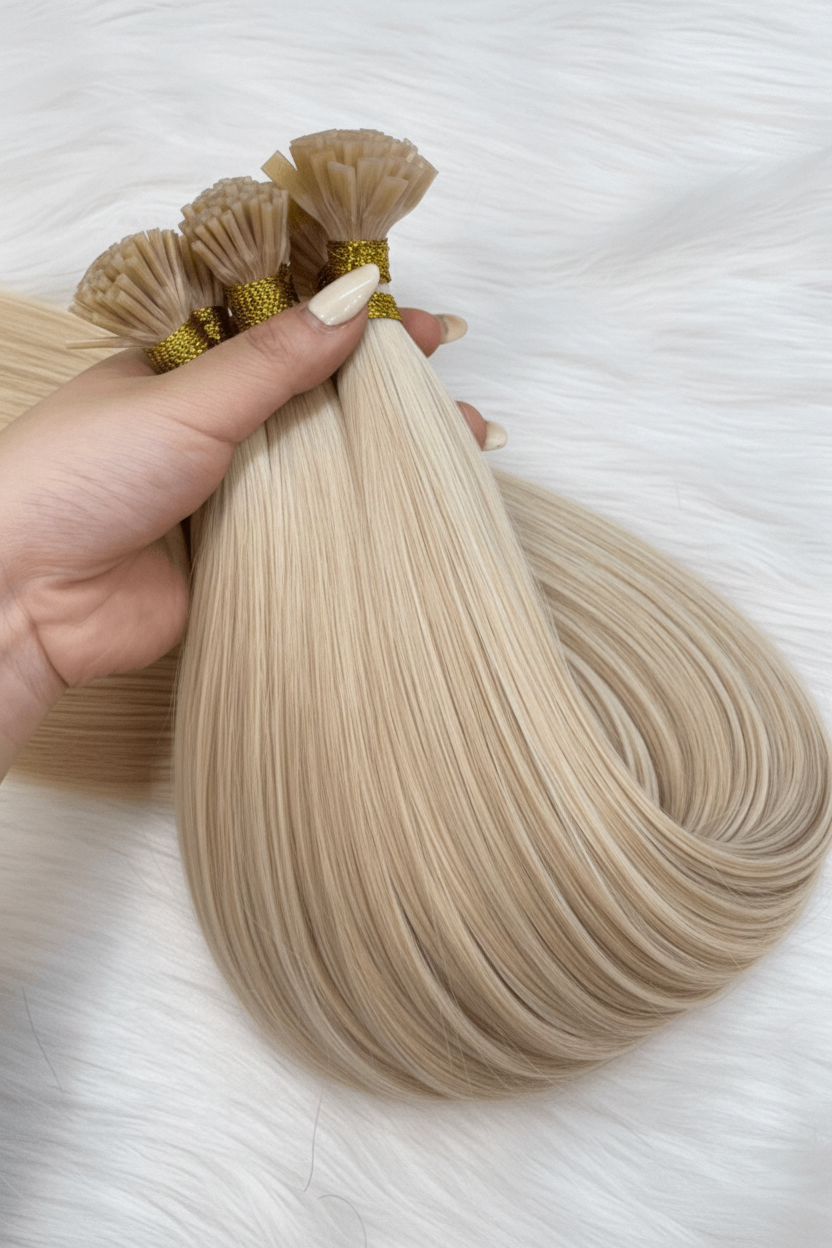 #60A platinum blonde straight I-tip keratin extensions Vietnamese hair C Beauty