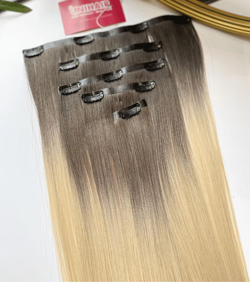 #AB seamless clip-in extensions straight Vietnamese hair ultra flat base C Beauty