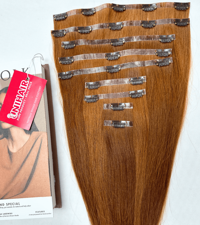 Brown seamless clip-in extensions straight Vietnamese hair ultra flat base C Beauty