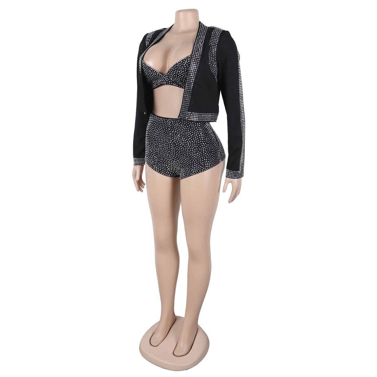 Rhinestone Cropped Jacket, Bra Top & Shorts 3-Piece Set – Black - C Beauty Accessories