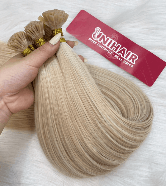 #60A platinum blonde straight I-tip keratin extensions Vietnamese hair C Beauty