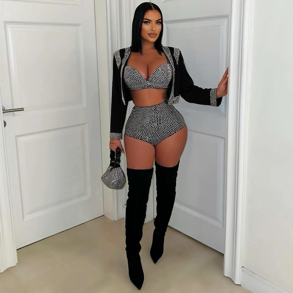 Rhinestone Cropped Jacket, Bra Top & Shorts 3-Piece Set – Black - C Beauty Accessories