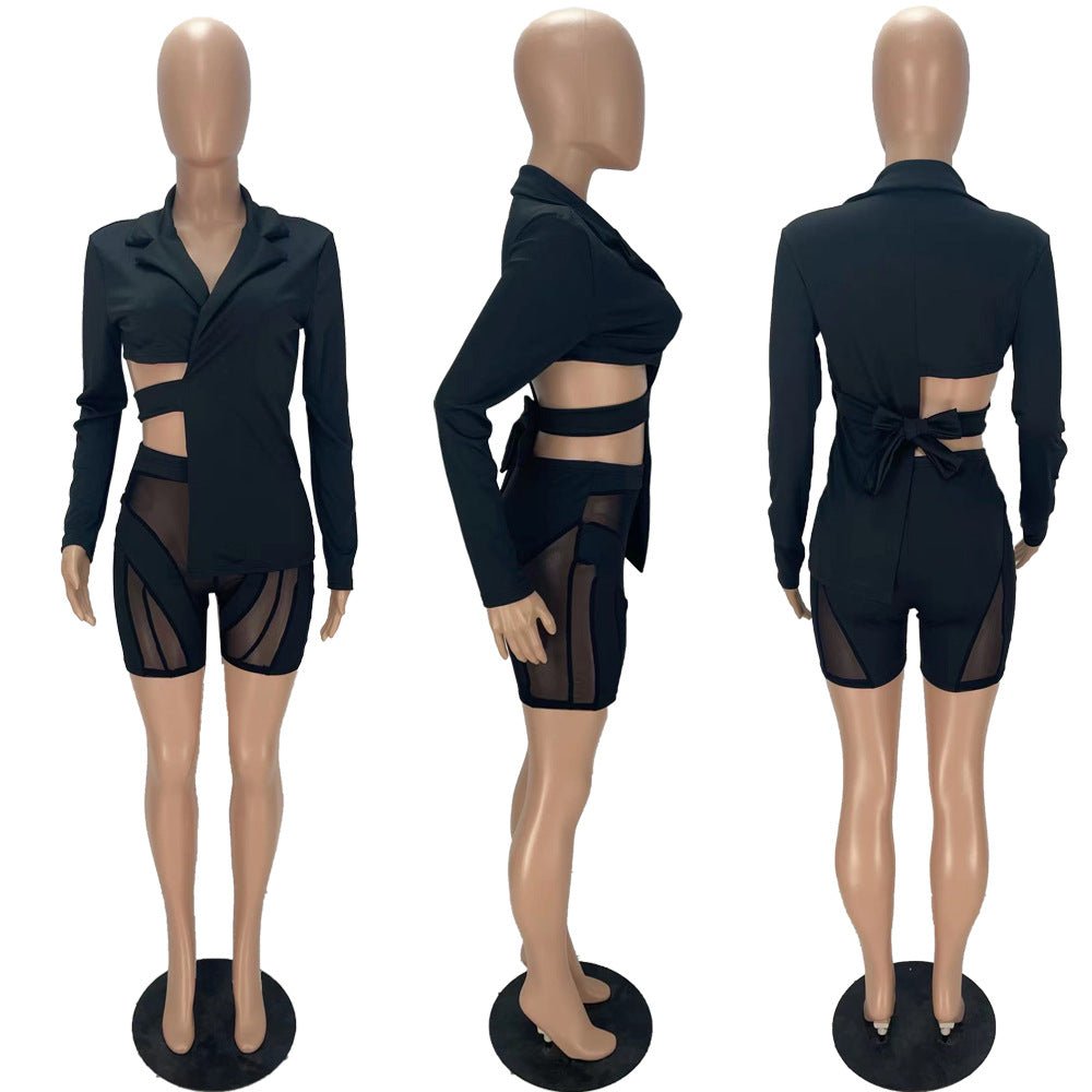 Bow-Back Cutout Blazer & Mesh Shorts 2-Piece Set - C Beauty Accessories