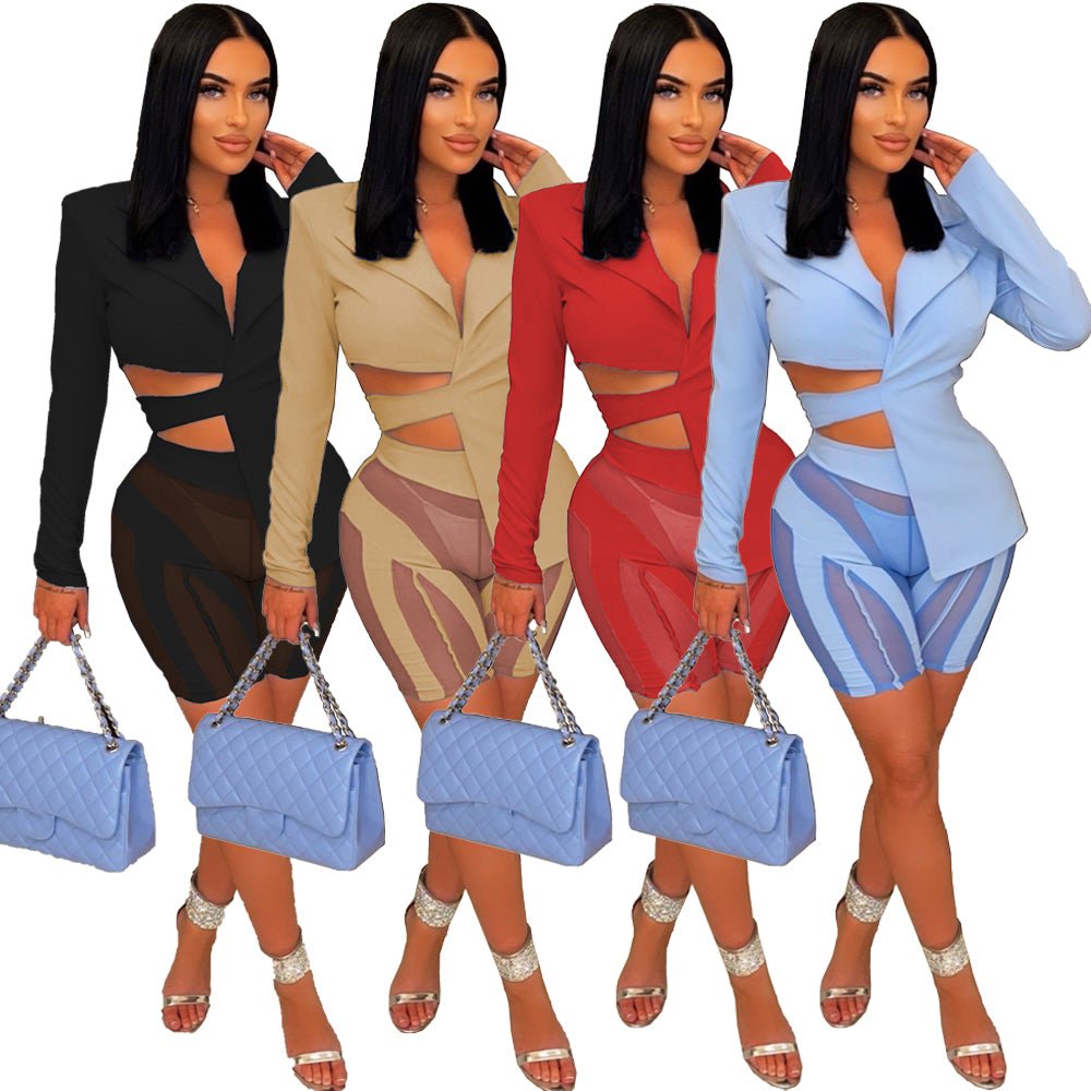 Bow-Back Cutout Blazer & Mesh Shorts 2-Piece Set - C Beauty Accessories