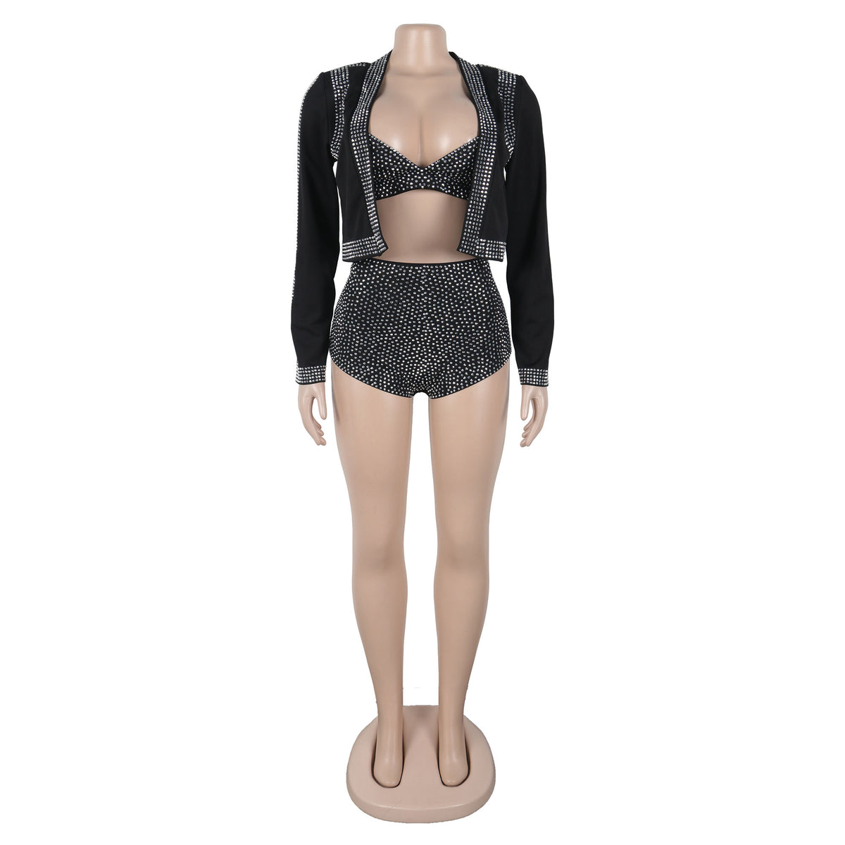 Rhinestone Cropped Jacket, Bra Top & Shorts 3-Piece Set – Black - C Beauty Accessories