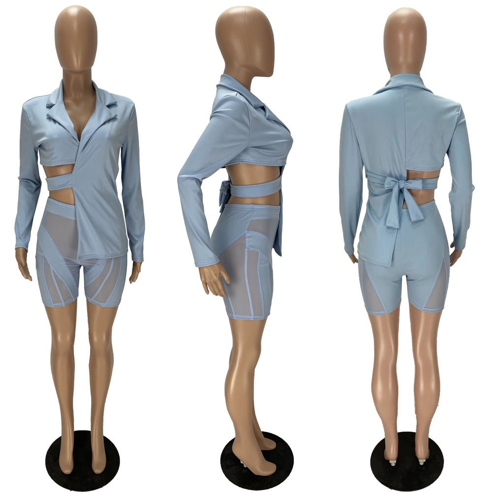 Bow-Back Cutout Blazer & Mesh Shorts 2-Piece Set - C Beauty Accessories