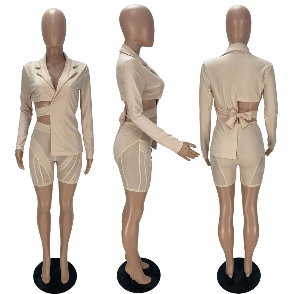 Bow-Back Cutout Blazer & Mesh Shorts 2-Piece Set - C Beauty Accessories