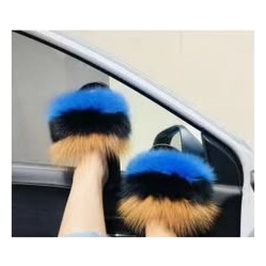 Fox Fur Slides – Blue / Black / Tan – Style F-106 - C Beauty Accessories