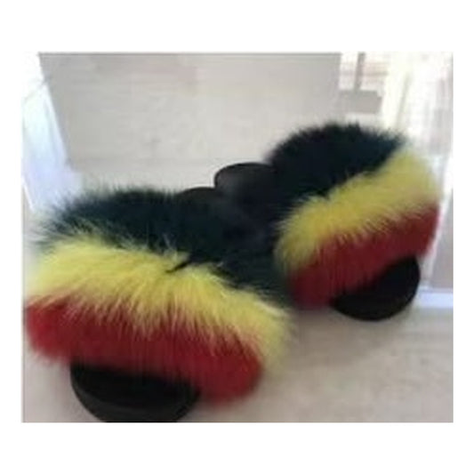 Fox Fur Slides – Black / Yellow / Red – Style F-197 - C Beauty Accessories