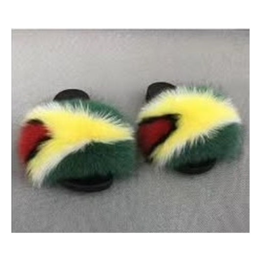Fox Fur Slides – Dark Green / Yellow / Red – Style F-198 - C Beauty Accessories
