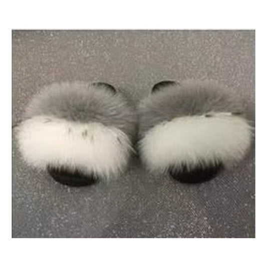 Fox Fur Slides – Wolf Gray / White – Style F-200 - C Beauty Accessories