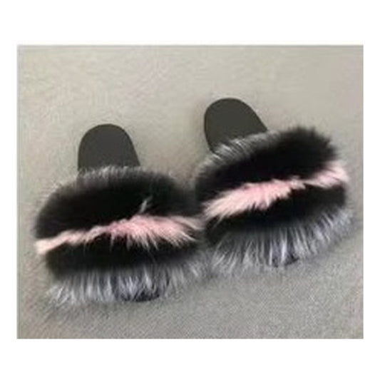Fox Fur Slides with Chain – Light Blue / Black – Style F-210 - C Beauty Accessories