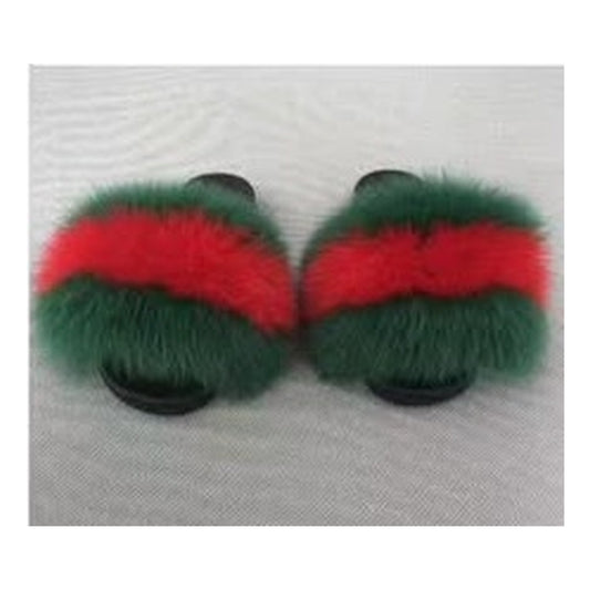 Fox Fur Slides with Chain – Olive Green / Black – Style F-213 - C Beauty Accessories