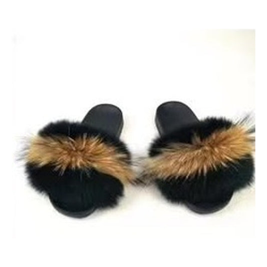 Fox Fur Slides – Black / Tan – Style F-384 - C Beauty Accessories