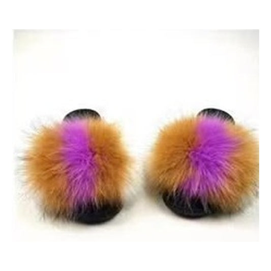 Oversized Pom Fox Fur Slides – Tan / Purple – Style F-385 - C Beauty Accessories