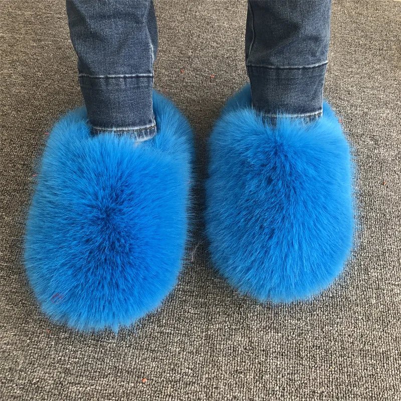 New Fluffy Slippers Faux Fox Fur Slippers Winter Women Plush Flat Shoes Outdoor Indoor Slippers Fur Slides - C Beauty Accessories