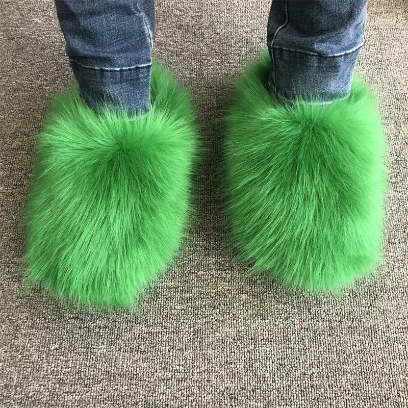 New Fluffy Slippers Faux Fox Fur Slippers Winter Women Plush Flat Shoes Outdoor Indoor Slippers Fur Slides - C Beauty Accessories