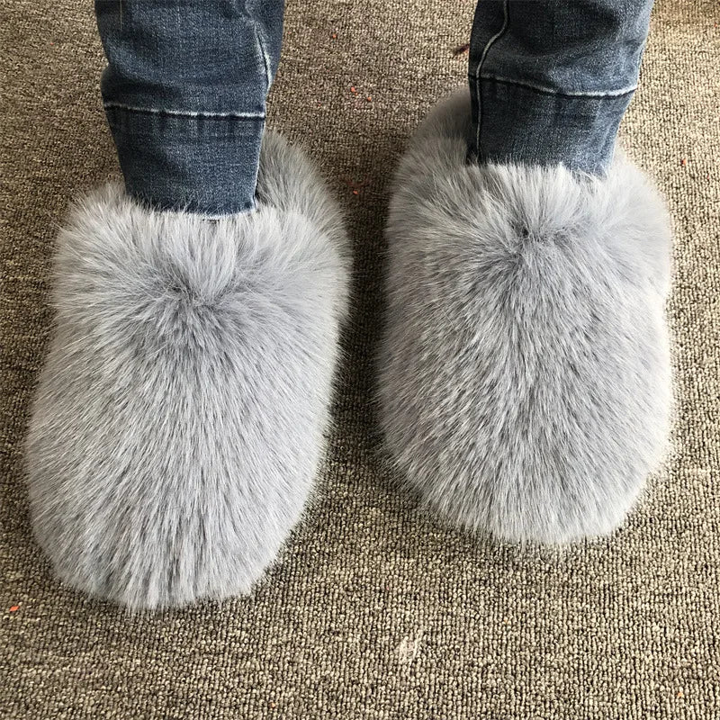 New Fluffy Slippers Faux Fox Fur Slippers Winter Women Plush Flat Shoes Outdoor Indoor Slippers Fur Slides - C Beauty Accessories