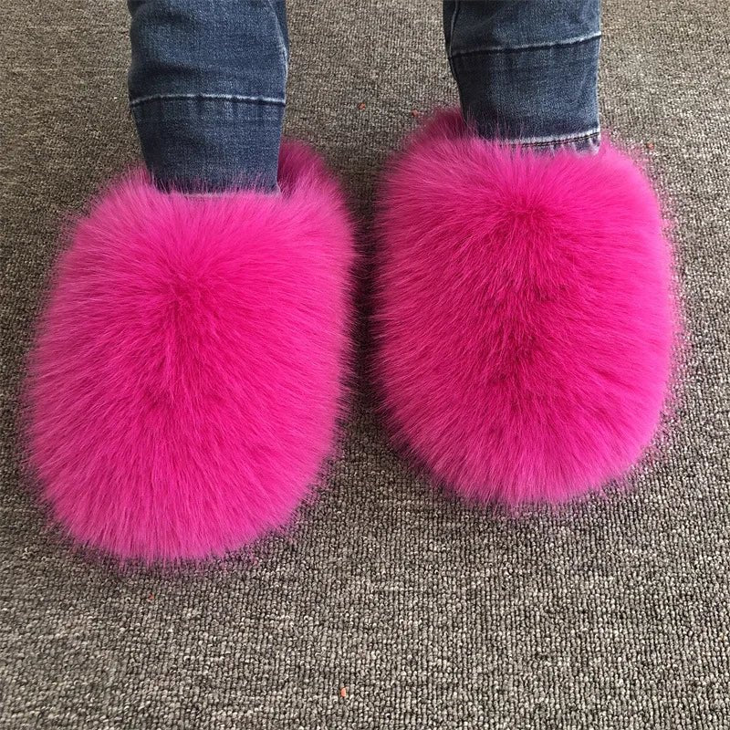 New Fluffy Slippers Faux Fox Fur Slippers Winter Women Plush Flat Shoes Outdoor Indoor Slippers Fur Slides - C Beauty Accessories