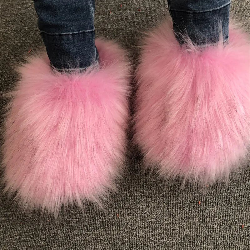 Faux Fur Slippers Women Home Fluffy Flat Slides Comfort Furry House Sweet Shoes Female Slipper Indoor Flip Flops - C Beauty Accessories
