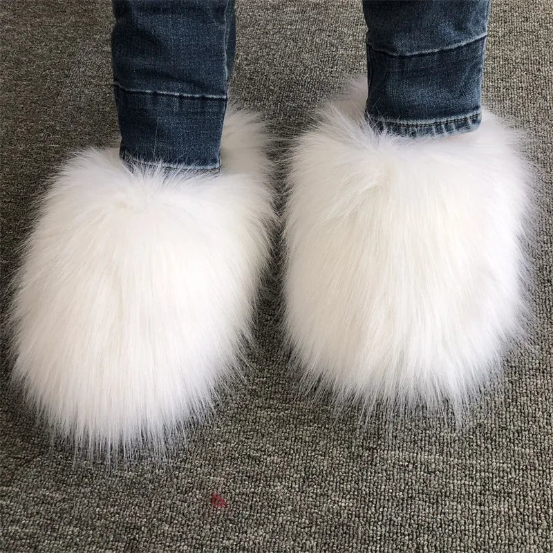 New Fluffy Slippers Faux Fox Fur Slippers Winter Women Plush Flat Shoes Outdoor Indoor Slippers Fur Slides - C Beauty Accessories