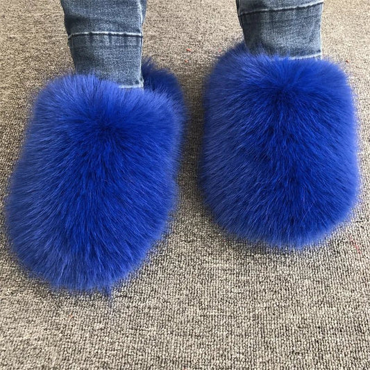 New Fluffy Slippers Faux Fox Fur Slippers Winter Women Plush Flat Shoes Outdoor Indoor Slippers Fur Slides - C Beauty Accessories