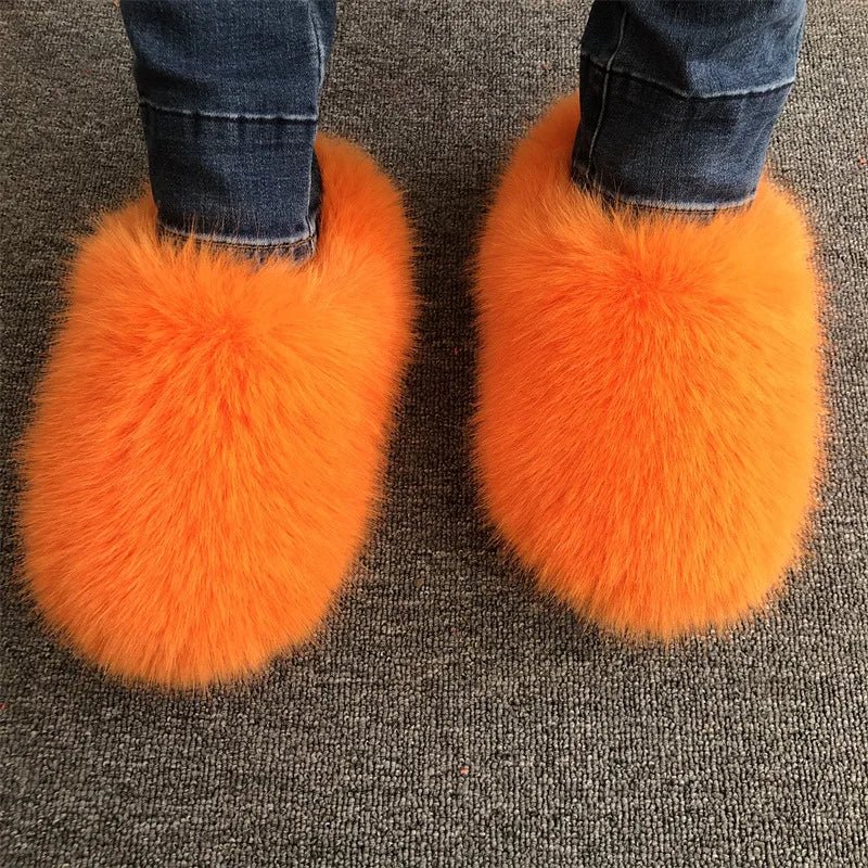 New Fluffy Slippers Faux Fox Fur Slippers Winter Women Plush Flat Shoes Outdoor Indoor Slippers Fur Slides - C Beauty Accessories