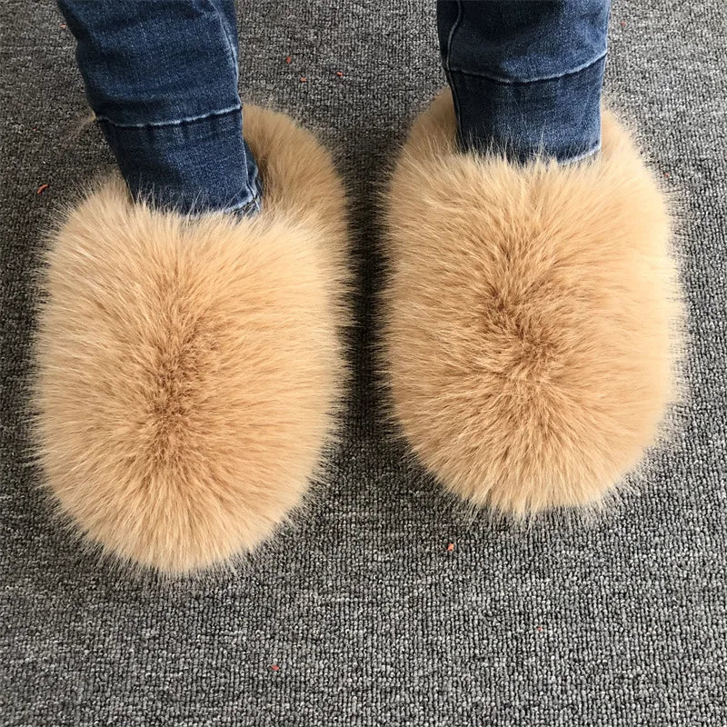 New Fluffy Slippers Faux Fox Fur Slippers Winter Women Plush Flat Shoes Outdoor Indoor Slippers Fur Slides - C Beauty Accessories