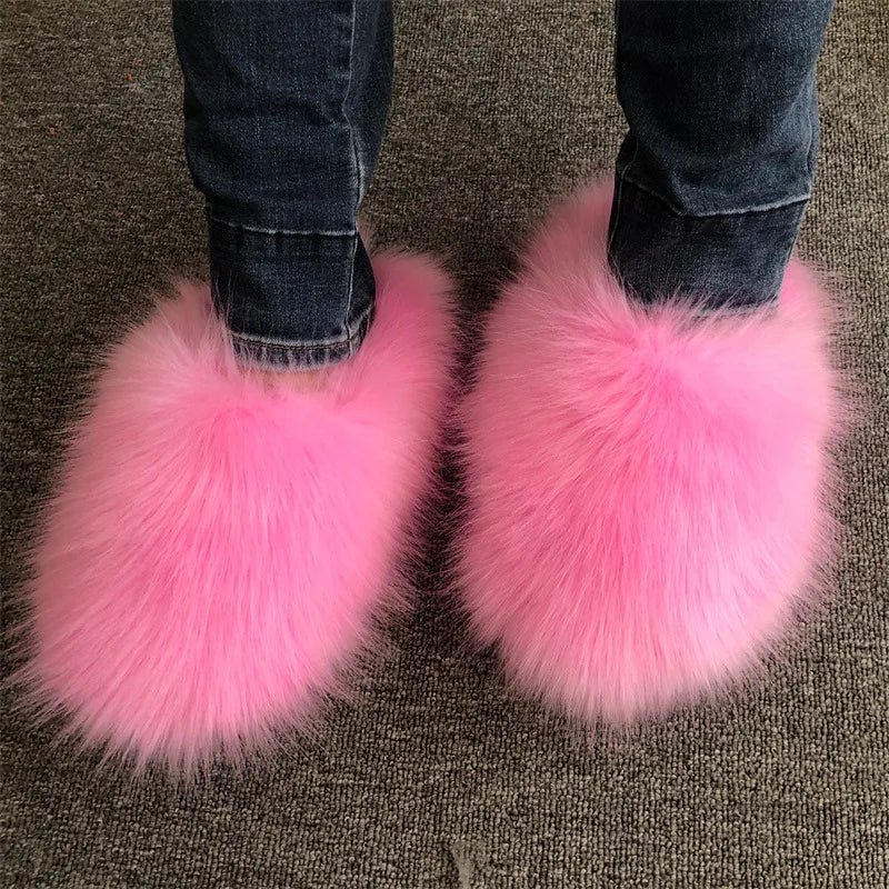 New Fluffy Slippers Faux Fox Fur Slippers Winter Women Plush Flat Shoes Outdoor Indoor Slippers Fur Slides - C Beauty Accessories