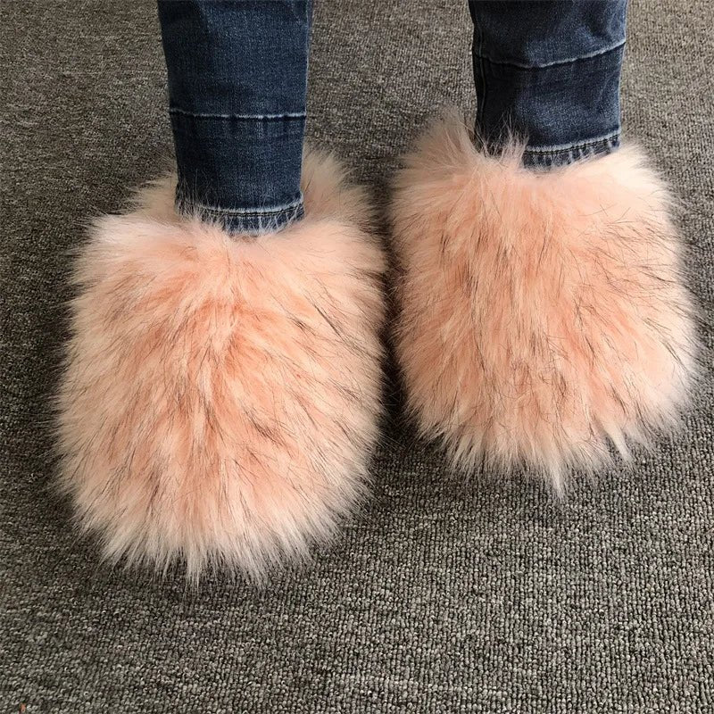 Faux Fur Slippers Women Home Fluffy Flat Slides Comfort Furry House Sweet Shoes Female Slipper Indoor Flip Flops - C Beauty Accessories