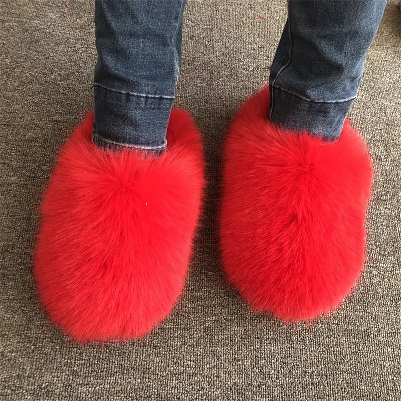 New Fluffy Slippers Faux Fox Fur Slippers Winter Women Plush Flat Shoes Outdoor Indoor Slippers Fur Slides - C Beauty Accessories