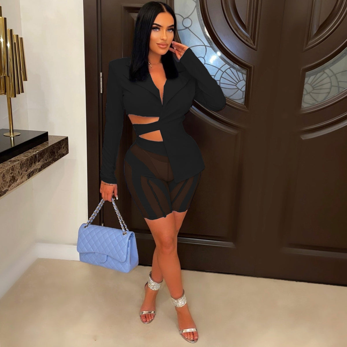 Bow-Back Cutout Blazer & Mesh Shorts 2-Piece Set - C Beauty Accessories
