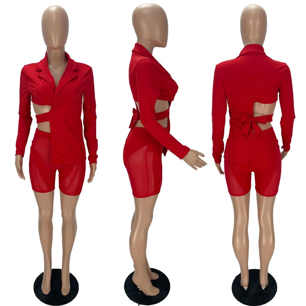Bow-Back Cutout Blazer & Mesh Shorts 2-Piece Set - C Beauty Accessories