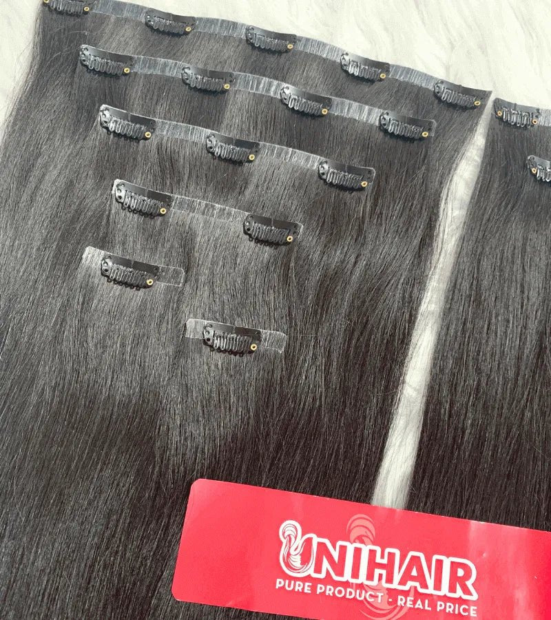 Natural color seamless clip-in extensions straight Vietnamese hair C Beauty